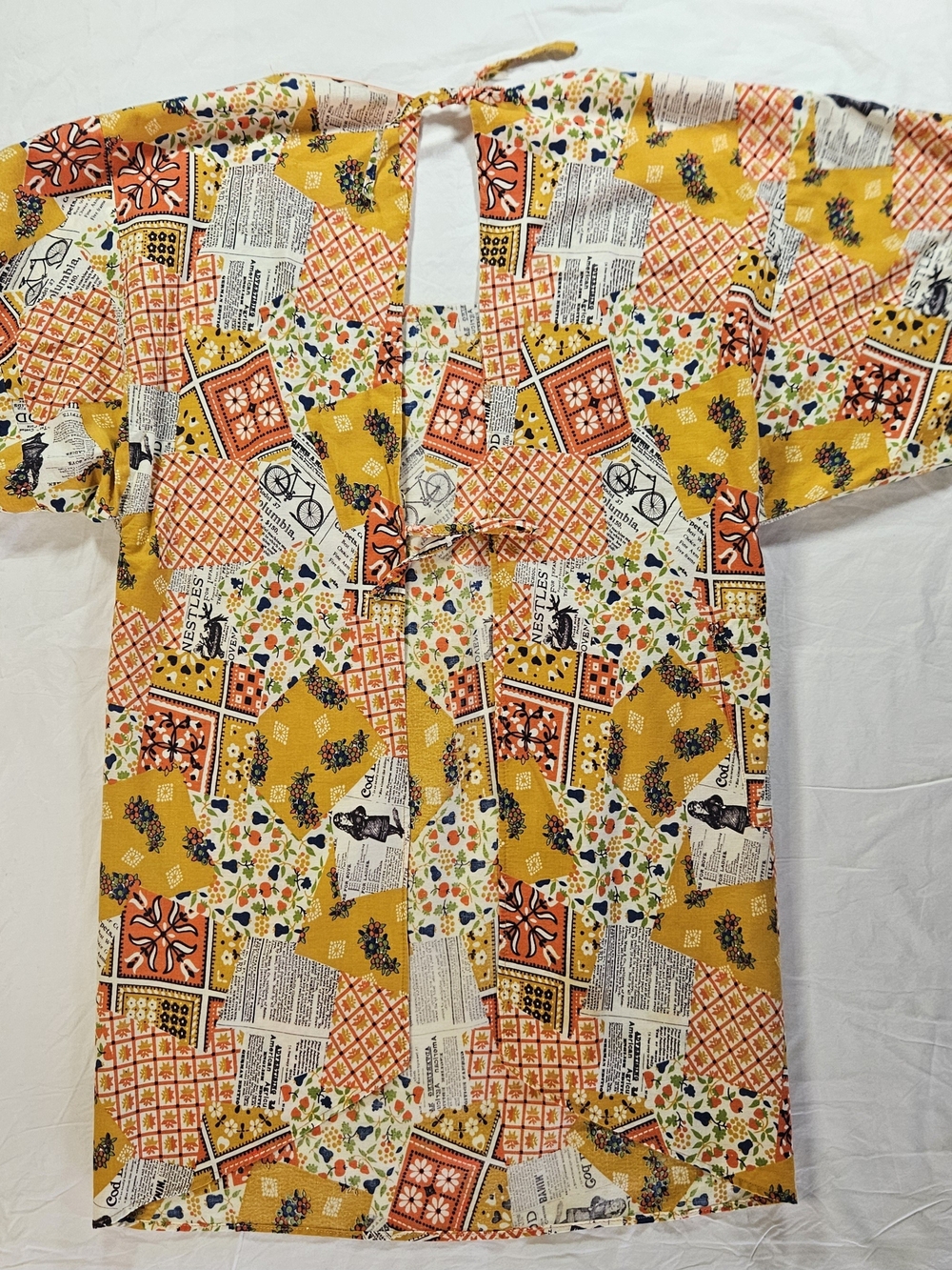 Women's 70s Patchwork Newspaper Print Tunic Top Apron Jacket in Mustard & Orange - Picture 8 of 14